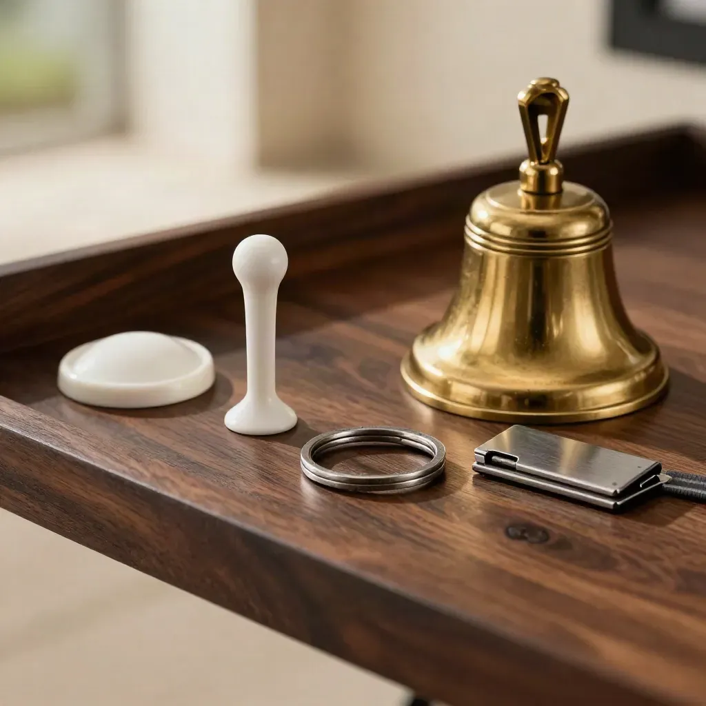 Brass starterbel, tee-marker, sleutelring en clip op donker hout met zachte bokeh.