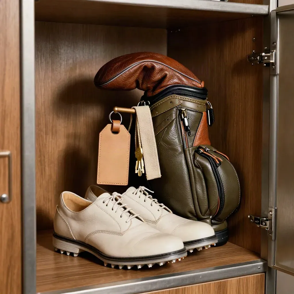 Golfkluis met leren headcover, schoenen, bagtag en messing sleutel in warm licht.