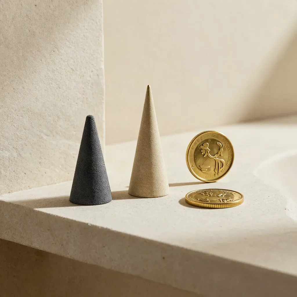 Drie tee markers en een brass course coin op een stenen richel, zacht van links belicht.