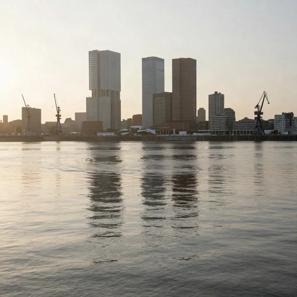 Rotterdamse skyline met havenkranen in zachte nevel boven rustig rivierwater bij gouden avondlicht.